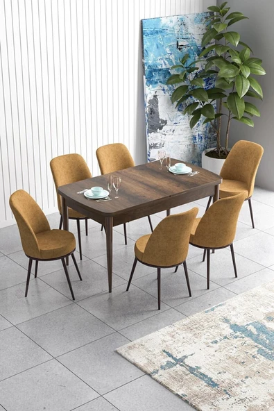 Canisa Han Serisi 70x114 Açılabilir Mdf Mutfak Masası Takımı Barok Desen Masa 6 Cappucino Sandalye ürün görseli 1