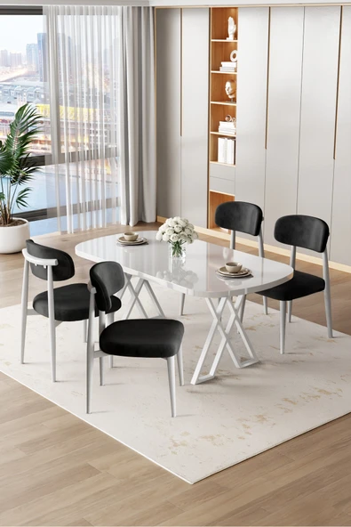 Canisa Jolin Serisi Mdf 90x168 Beyaz Mutfak Masa Takımı 4 Siyah Metal Sandalye ürün görseli 1