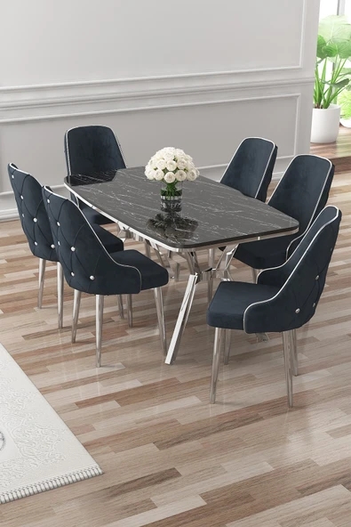 Canisa Asel Serisi 90x160 Lak Panel Siyah Mermer Desen Krom Detay Masa Takımı ve 6 Sandalye ürün görseli 1