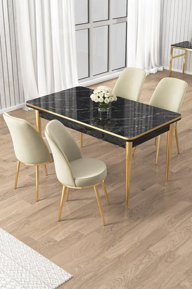 Canisa Rewa Serisi 70x110 Sabit Siyah Mermer Desen Gold Detay Masa Takımı ve 4 Krem Sandalye ürün görseli 1