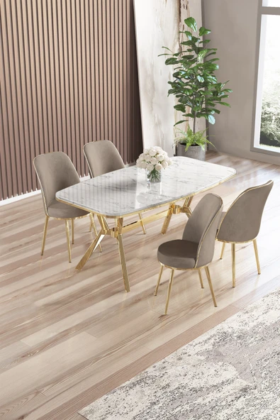 Canisa Lena Serisi 90x160 Lak Panel Beyaz Mermer Desen Gold Kaplama Ayaklı Masa Takımı ve 4 Sandalye ürün görseli 1