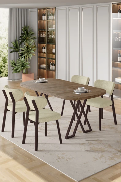 Canisa Axton Serisi Sabit Mdf 90x168 Atlantik Çam Mutfak Masa Takımı 4 Krem Sandalye ürün görseli 1