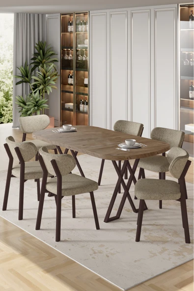 Canisa Axton Serisi Sabit Mdf 90x168 Atlantik Çam Mutfak Masa Takımı 6 Cappucino Sandalye ürün görseli 1