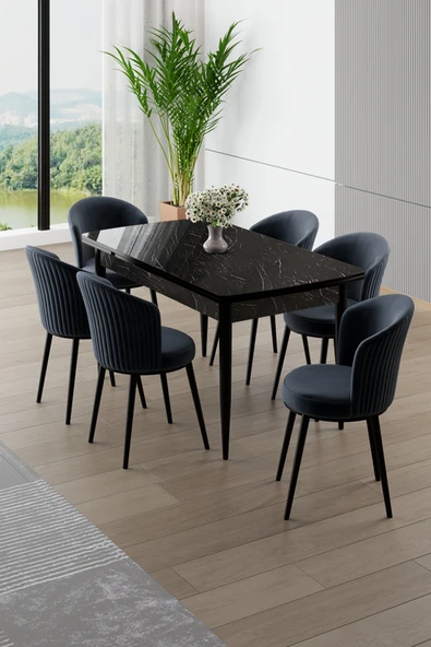 Canisa Asfel Serisi MDF 77x130 Siyah Mermer Desen Yandan Açılabilir Mutfak Masa Takımı 6 Antrasit Sandalye ürün görseli 1