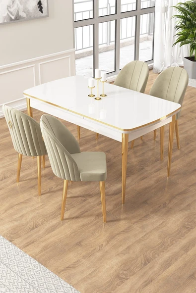 Canisa Edaf Serisi 80x132 Açılabilir Beyaz Mutfak Masa Takımı 4 Krem Sandalye Gold Detay ürün görseli 1