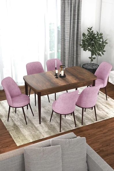Canisa Kor Serisi 70x114 Açılabilir Mutfak Masası Takımı Barok Desen Masa 6 Pembe Sandalye ürün görseli 1