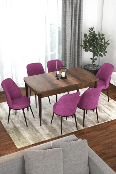 Canisa Kor Serisi 70x114 Açılabilir Mutfak Masası Takımı Barok Desen Masa 6 Mor Sandalye ürün görseli 1