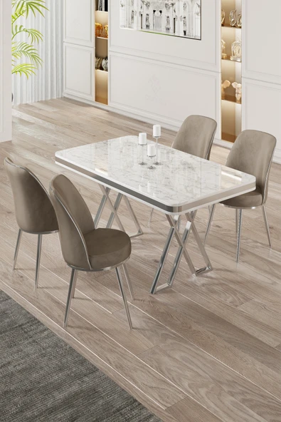 Canisa Vals Serisi 80x130 Lak Panel Beyaz Mermer Desen Masa Takımı Krom Ayaklı 4 Cappucino Sandalye ürün görseli 1