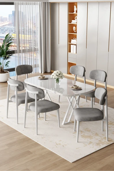 Canisa Jolin Serisi Mdf 90x168 Beyaz Mutfak Masa Takımı 6 Gri Metal Sandalye ürün görseli 1
