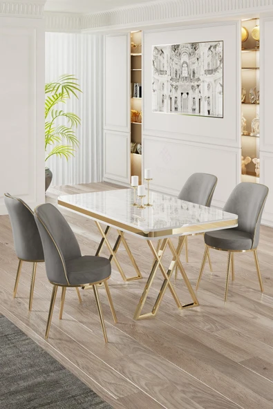 Canisa Vals Serisi 80x130 Lak Panel Beyaz Mermer Desen Masa Takımı Gold Ayaklı 4 Gri Sandalye ürün görseli 1