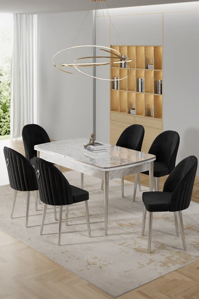 Canisa Rada Serisi 80x132 Açılabilir Lak Panel Beyaz Mermer Desen Masa 6 Siyah Sandalye Krom Detay ürün görseli 1
