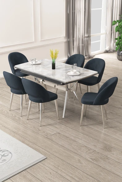 Canisa Weps Serisi 89x150 Açılabilir Lak Panel Rampla Gri Krom Ayak Masa Takımı ve 6 Antrasit  Sandalye ürün görseli 1