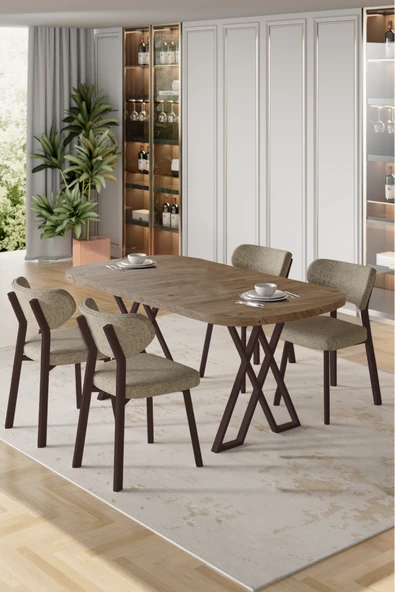 Canisa Axton Serisi Sabit Mdf 90x168 Atlantik Çam Mutfak Masa Takımı 4 Cappucino Sandalye ürün görseli 1