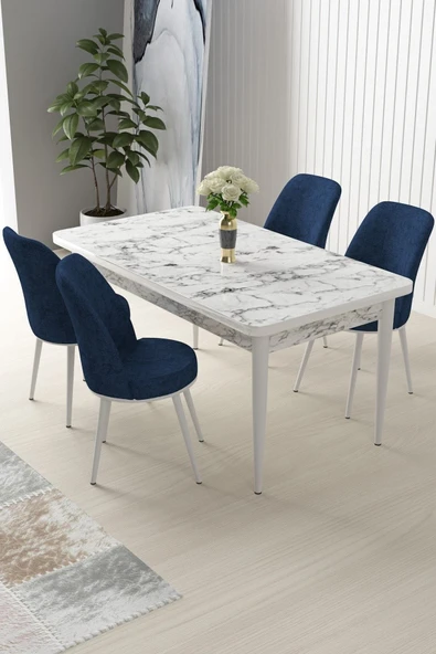 Canisa Nil Serisi 70x110 Sabit Mutfak Masası Takımı Beyaz Mermer Desen Masa 4 Lacivert Sandalye ürün görseli 1