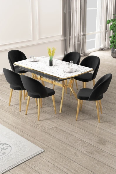 Canisa Weps Serisi 89x150 Açılabilir Lak Panel Beyaz Mermer Gold Ayak Masa Takımı ve 6 Siyah Sandalye ürün görseli 1
