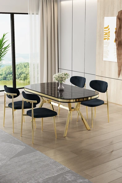 Canisa Olya Serisi 90x168 Lak Panel Sonata Masa Takımı Gold Ayaklı 4 Antrasit Sandalye ürün görseli 1
