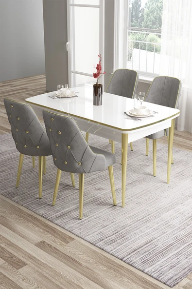 Canisa Tia Serisi Mdf 80x132 Açılabilir Beyaz Gold Detay Yemek Masası Takımı Ve 4 Gri Sandalye ürün görseli 1