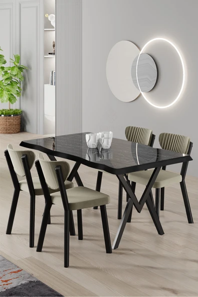 Canisa Akort Serisi MDF Sabit 80x130 Siyah Mermer Desen Mutfak Masası Takımı 4 Krem Sandalye ürün görseli 1