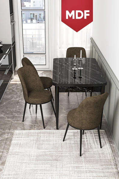 Canisa Kor Serisi 70x114 Açılabilir MDF Mutfak Masası Takımı Siyah Mermer Desen Masa 4 Kahverengi Sandalye ürün görseli 1