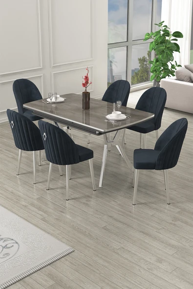 Canisa Sim Serisi 89x150 Açılabilir Lak Panel Antrasit İroni Masa Takımı 6 Antrasit Sandalye ürün görseli 1