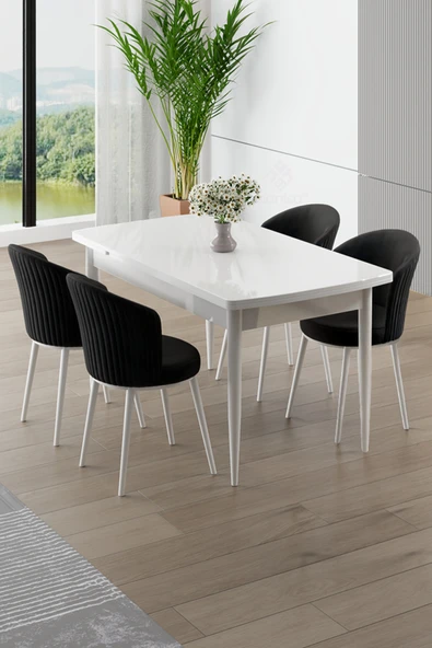 Canisa Asfel Serisi MDF 77x130 Beyaz Yandan Açılabilir Mutfak Masa Takımı 4 Siyah Sandalye ürün görseli 1