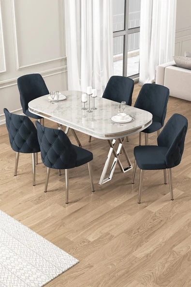 Canisa Afe Serisi 90x168 Lak Panel Beyaz Mermer Desen Krom Ayak Masa Takımı 6 Antrasit Sandalye ürün görseli 1