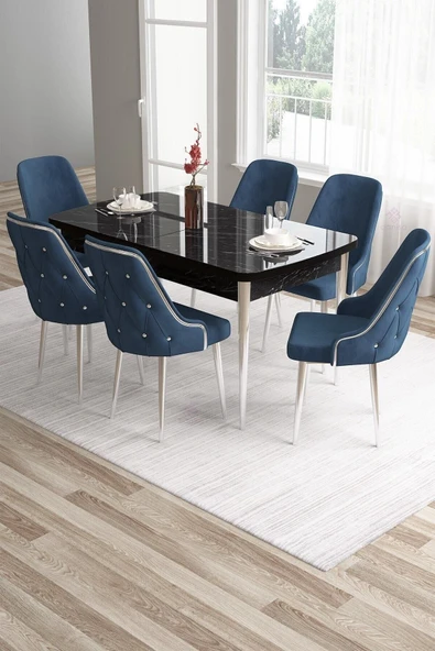 Canisa Tia Serisi 80x132 Açılabilir Mdf Beyaz Gold Detay Masa Takımı Ve 6 Antrasit Sandalye ürün görseli 1