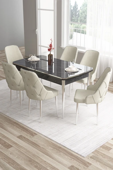 Canisa Tia Serisi, Siyah Mermer Desen 80x132 Açılabilir Mdf Mutfak Masası 6 Krem Sandalye Gümüş Detay ürün görseli 1