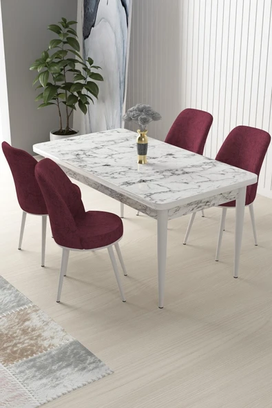 Canisa Nil Serisi 70x110 Sabit Mutfak Masası Takımı Beyaz Mermer Desen Masa 4 Bordo Sandalye ürün görseli 1