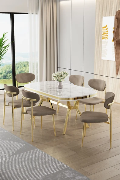 Canisa Olya Serisi 90x168 Lak Panel Beyaz Mermer Desen Masa Takımı Gold Ayaklı 6 Cappucino Sandalye ürün görseli 1