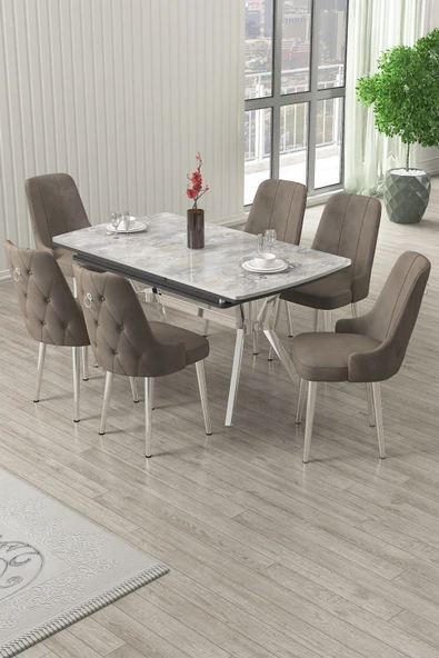 Canisa Nis Serisi 89x150 Açılabilir Lak Panel Rampla Gri Krom Ayak Masa Takımı ve 6 Cappucino Sandalye ürün görseli 1