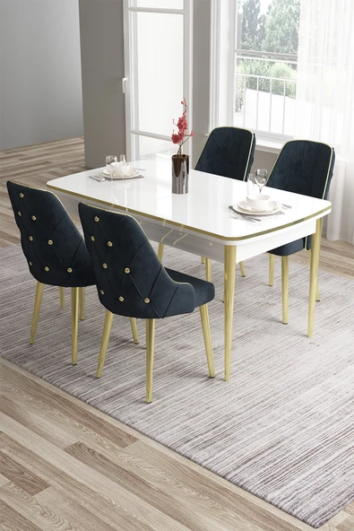 Canisa Tia Serisi Mdf 80x132 Açılabilir Beyaz Gold Detay Yemek Masası Takımı Ve 4 Antrasit Sandalye ürün görseli 1