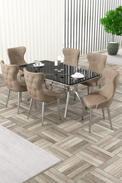 Canisa Esla Serisi 90x160 Lak Panel Sonata Krom Kaplama Ayaklı Masa Takımı ve 6 Cappucino Sandalye ürün görseli 1