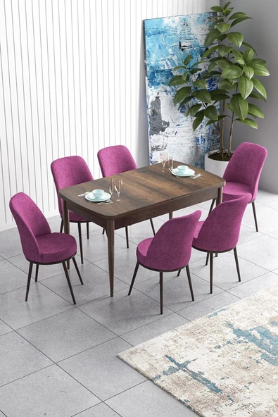 Canisa Han Serisi 70x114 Açılabilir Mdf Mutfak Masası Takımı Barok Desen Masa 6 Mor Sandalye ürün görseli 1