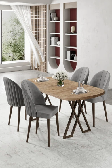 Canisa Kaye Serisi Mdf 90x168 Atlantik Çam Mutfak Masa Takımı 4 Gri Sandalye ürün görseli 1