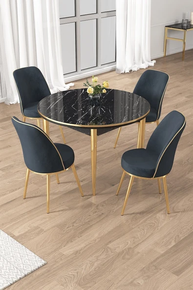 Canisa Osle Serisi 90x90 Yuvarlak Siyah Mermer Desen Mutfak Masa Takımı 4 Antrasit Sandalye Gold Detay ürün görseli 1