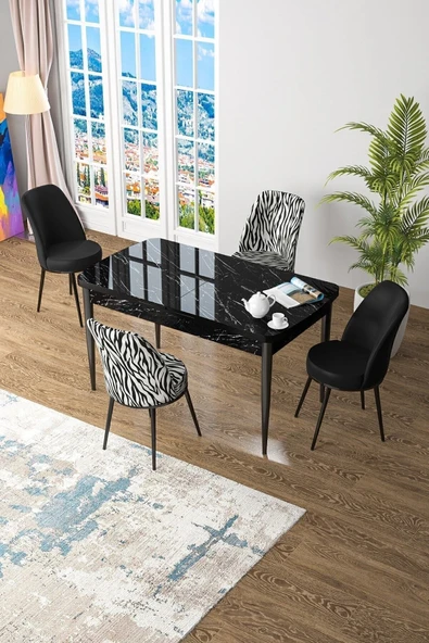 Canisa Kor Serisi 70x114 Açılabilir MDF Mutfak Masası Takımı Siyah Mermer Desen Masa 2 Zebra 2 Siyah Sandalye ürün görseli 1