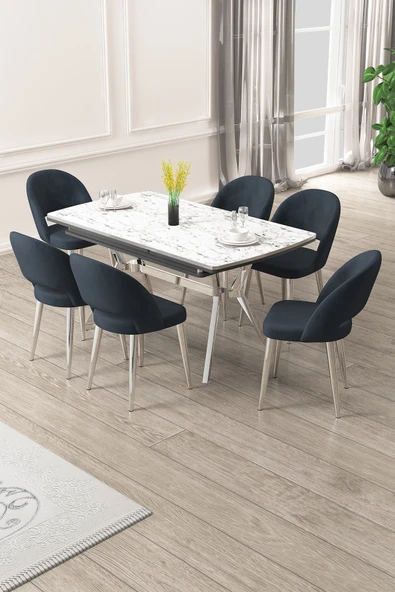 Canisa Weps Serisi 89x150 Açılabilir Lak Panel Beyaz Mermer Krom Ayak Masa Takımı ve 6 Antrasit Sandalye ürün görseli 1