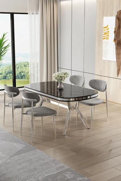 Canisa Olya Serisi 90x168 Lak Panel Sonata Masa Takımı Krom Ayaklı 4 Gri Sandalye ürün görseli 1