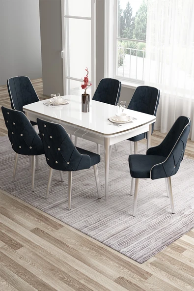 Canisa Tia Serisi 80x132 Açılabilir Mdf Mutfak Masası Takımı Beyaz Masa Krom Detay 6 Antrasit Sandalye ürün görseli 1