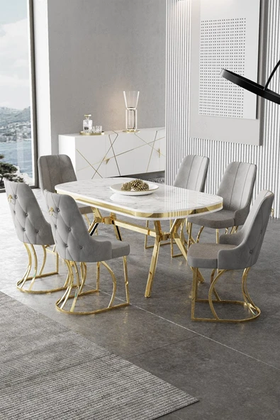 Canisa Epal Serisi 90x168 Lak Panel Beyaz Mermer Desen Masa Takımı Gold Ayaklı 6 Gri Sandalye ürün görseli 1