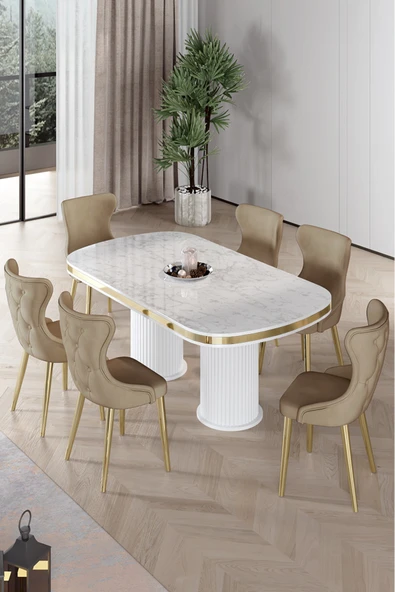 Canisa Galya Serisi Lak Panel 90x168 Sabit Beyaz Mermer Desen Mutfak Masa Takımı 6 Cappucino Sandalye ürün görseli 1