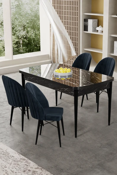 Canisa Gale Serisi 80x132 Açılabilir Lak Panel Siyah Mermer Desen Mutfak Masa Takımı 4 Antrasit Sandalye ürün görseli 1