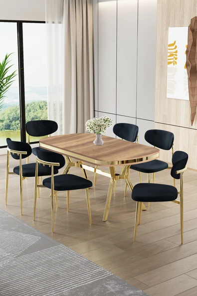 Canisa Olya Serisi 90x168 Lak Panel Hazar Masa Takımı Gold Ayaklı 6 Antrasit Sandalye ürün görseli 1