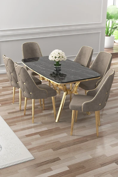 Canisa Asel Serisi 90x160 Lak Panel Siyah Mermer Desen Gold Detay Masa Takımı ve 6 Cappucino Sandalye ürün görseli 1