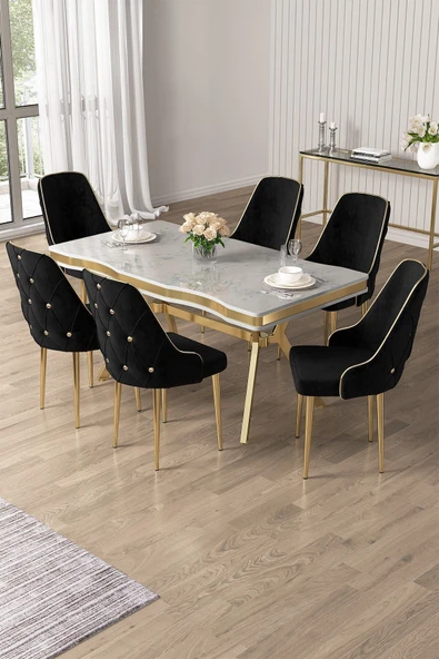 Canisa Vae Serisi 90x160 Lak Panel Beyaz Mermer Desen Gold Ayak Masa Takımı 6 Siyah Sandalye ürün görseli 1