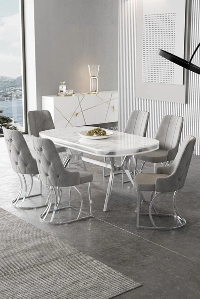 Canisa Epal Serisi 90x168 Lak Panel Beyaz Mermer Desen Masa Takımı Krom Ayaklı 6 Gri Sandalye ürün görseli 1