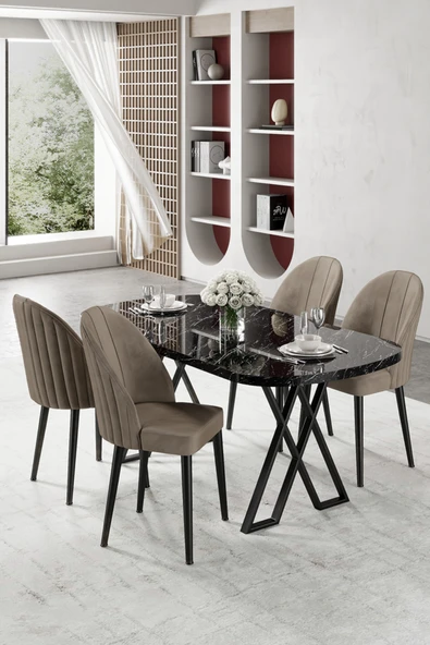 Canisa Kaye Serisi Mdf 90 x168 Siyah Mermer Desen Mutfak Masa Takımı 4 Cappucino Sandalye ürün görseli 1
