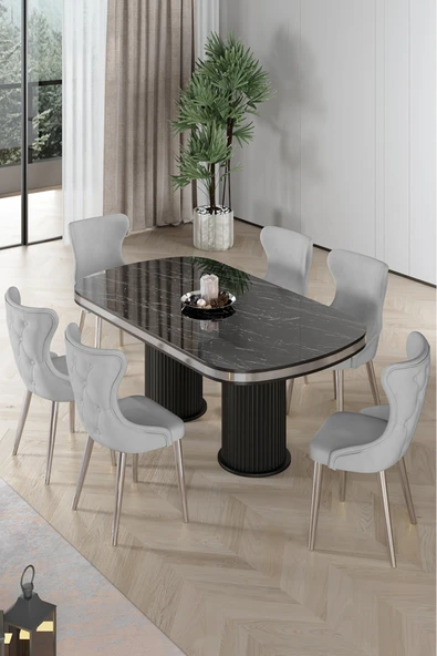 Canisa Galya Serisi Lak Panel 90x168 Sabit Sonata Mutfak Masa Takımı 6 Gri Sandalye ürün görseli 1