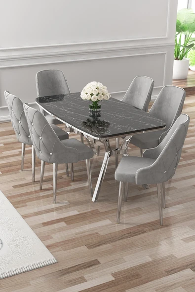 Canisa Asel Serisi 90x160 Lak Panel Siyah Mermer Desen Krom Detay Masa Takımı ve 6 Gri Sandalye ürün görseli 1